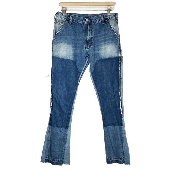 MNML 118 Work Flare Denim Mens Size 32x34 Distressed Patch Jeans 100% Cotton - Picture 2 of 15